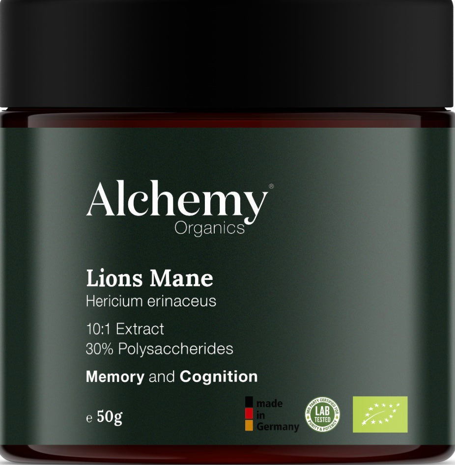 Alchemy Organics™ Lions Mane 50g | Memory and Cognition | Certified Organic | 10:1 Extract | 30% Polysaccharides | Tested and Effective
